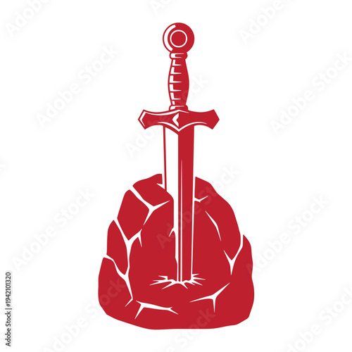 Red sword stuck in a rock on white background