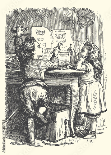 Young boy and girl engage in fascinating entomology study, carefully examining butterfly specimens and illustrations with a magnifying glass, promoting curiosity and learning.
