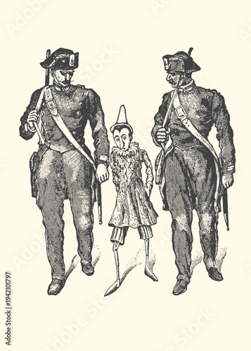 Vintage illustration depicting the famous wooden puppet Pinocchio being escorted by two stern military guards in uniform