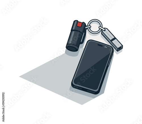 Refined contemporary personal security essentials concept with essential keychain pepper spray whistle and phone subtly offset