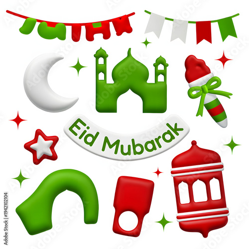 A comprehensive collection of cartoon Christmas icons and New Year vector illustrations featuring a festive holiday set with a green holly leaf, winter tree, star, and gift symbols for xmas celebratio