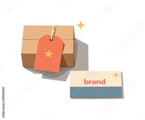 Minimalist Shop Branding. Minimal online shop branding concept with parcel box hang tag and card loosely arranged seen from a