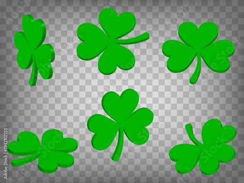Set of 3d shamrock sign on transparent background. Shamrock green 3d icon illustration with different views and angles.  Abstract concept of graphic elements for your design. EPS 10
