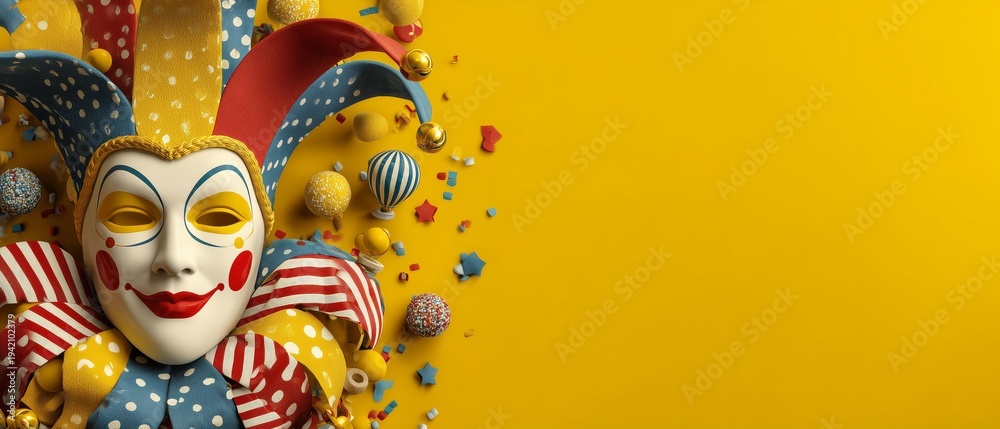 Fototapeta premium Celebrate April Fools Day with a bright yellow background featuring a clown mask and colorful decorations