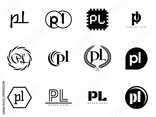 PL logo company template. Letter p and l logotype. Set different classic serif lettering and modern bold text with design elements. Initial font typography.