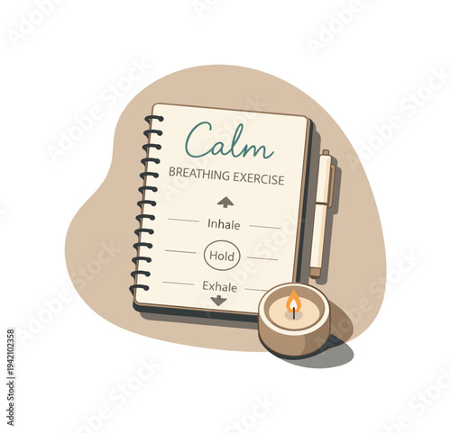 Calm calm breathing exercise concept with notebook and candle slightly angled for balance shown from above, arranged in the right