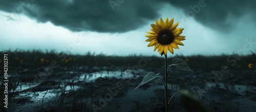 Bright yellow sunflower stands in a dark, muddy field under an ominous, stormy sky.