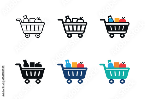 Shopping cart icon showing a stylized shopping basket with wheels, handle, and items inside representing retail, e-commerce, and