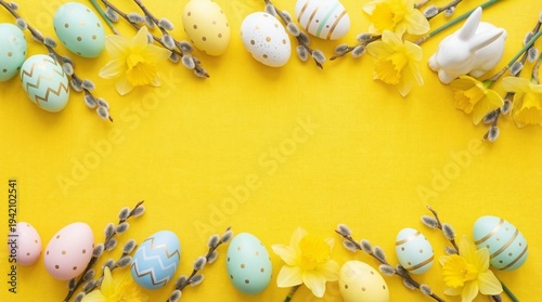 Happy Easter eggs nestled with spring flowers on bright yellow background festive decoration