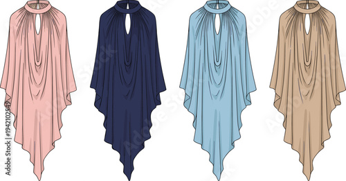 Women Draped Poncho Cape Fashion Illustration Set with Keyhole Neck and Flowing Asymmetric Hem Elegant Flat Technical Apparel Design Template