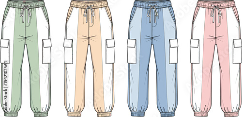 Women Drawstring Waist Cargo Jogger Pants Fashion Illustration with Side Patch Pockets Elastic Cuffs Flat Technical Apparel Design Template