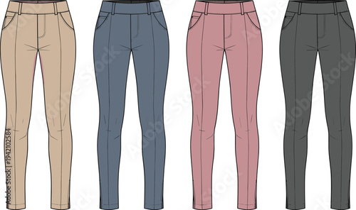 Women High Waist Skinny Jeans Fashion Illustration Set with Classic Five Pocket Design Slim Fit Denim Flat Technical Apparel Template