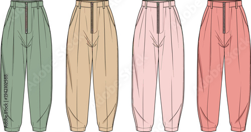 Women High Waist Pleated Balloon Pants Fashion Illustration Set with Front Zipper and Tapered Hem Flat Technical Apparel Design Template