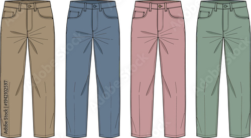 Women High Waist Straight Leg Jeans Fashion Illustration Set with Classic Five Pocket Design Flat Technical Apparel Template