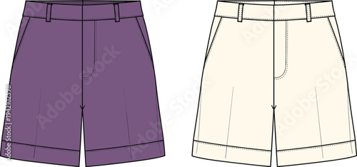Women High Waist Tailored Shorts Fashion Illustration with Side Pockets and Cuffed Hem Flat Technical Apparel Design Template Collection