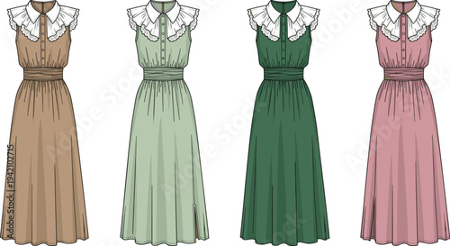 Women Vintage Lace Collar Midi Dress Fashion Illustration with Sleeveless Bodice Button Front and Flowing Skirt Flat Technical Apparel Template