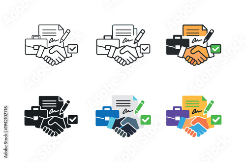 Business agreement icon featuring a handshake, signed contract, briefcase, and checkmark, symbolizing deal closure, partnership,