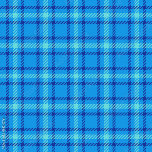 Handsome vector fabric check, grid background seamless plaid. Stationary tartan pattern texture textile in cyan and blue colors.