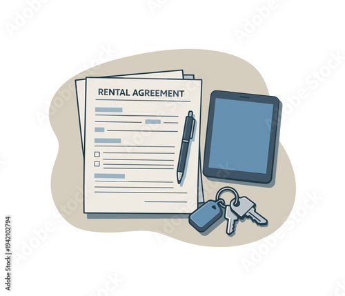 Clean apartment rental paperwork concept viewed from above with generic lease papers pen keys and tablet aligned clearly, placed