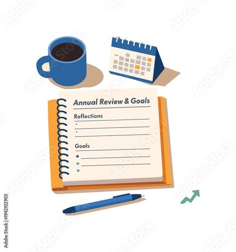 Minimal goal setting annual review concept with notebook calendar pen and cup loosely arranged seen from a top-down angle, offset