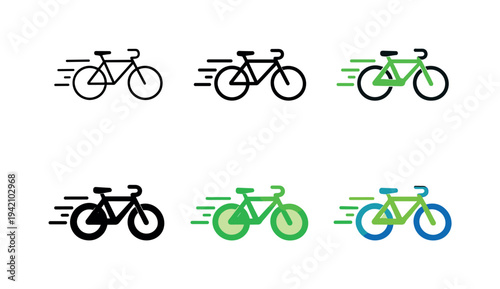 Sustainable transport icon showing a bicycle with motion accents symbolizing green commuting, energy-efficient travel, and active