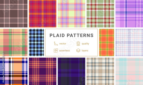 Plaid collection ideal for jackets and coats. Vector tartan patterns enhance outerwear with modern appeal. Seamless repeats stay consistent.