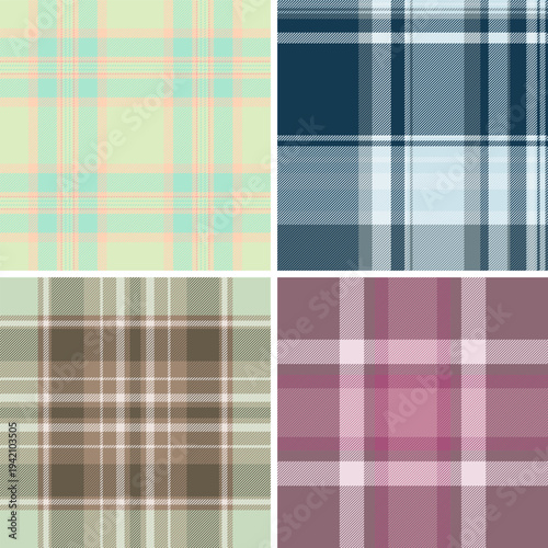 Plaid pattern set for cushion covers and throws. Tartan textures bring warmth and style to interiors. Seamless vectors ensure smooth edges.