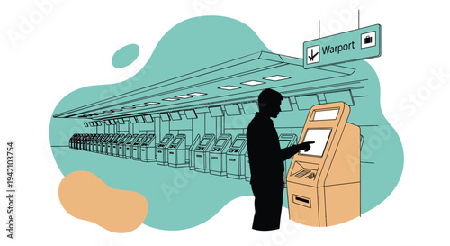 Vector illustration of person at airport kiosk