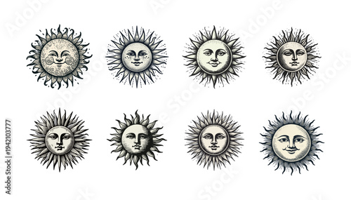Vintage Engraved Sun Illustrations with Human Faces and Radiant Rays on White Background