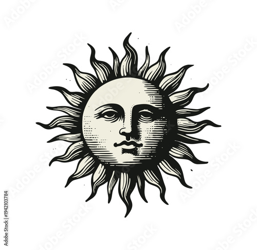 Vintage Woodcut Sun with Human Face and Rays Illustration