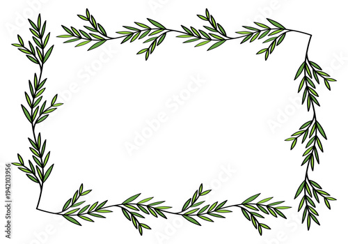Hand drawn rectangular frame of branches and leaves from bushes and trees. Aesthetic border of evergreen plants. Ideal for decorating and framing flyers, greeting cards, covers, posters, invitations.