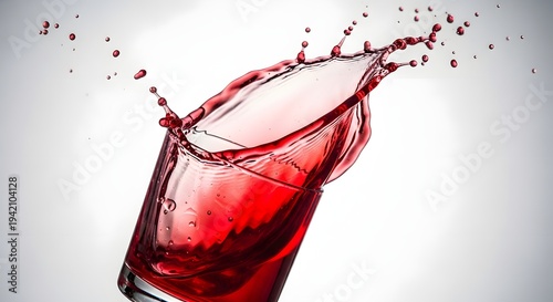 Red liquid splashing out of a glass, dynamic drink motion, isolated on white