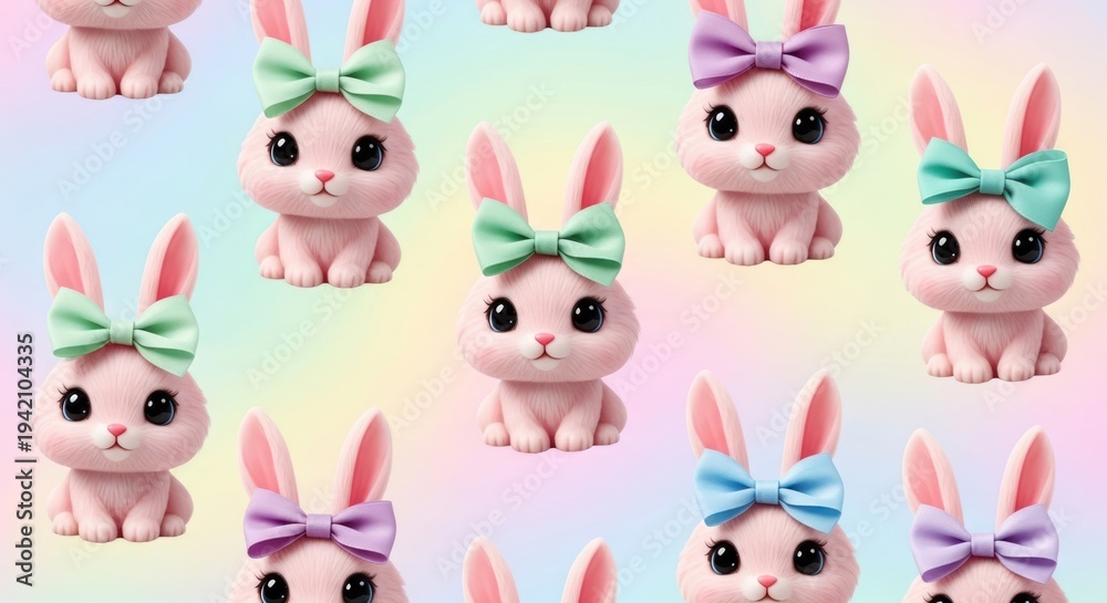 Obraz premium Charming bunny rabbits with colorful bows on pastel background