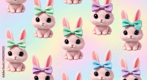 Charming bunny rabbits with colorful bows on pastel background