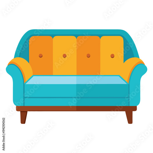 Modern colorful two tone sofa with orange cushions and turquoise frame providing comfortable seating