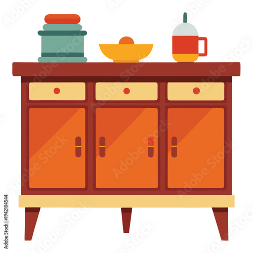 Contemporary wooden sideboard cabinet with three doors and decorative items on top