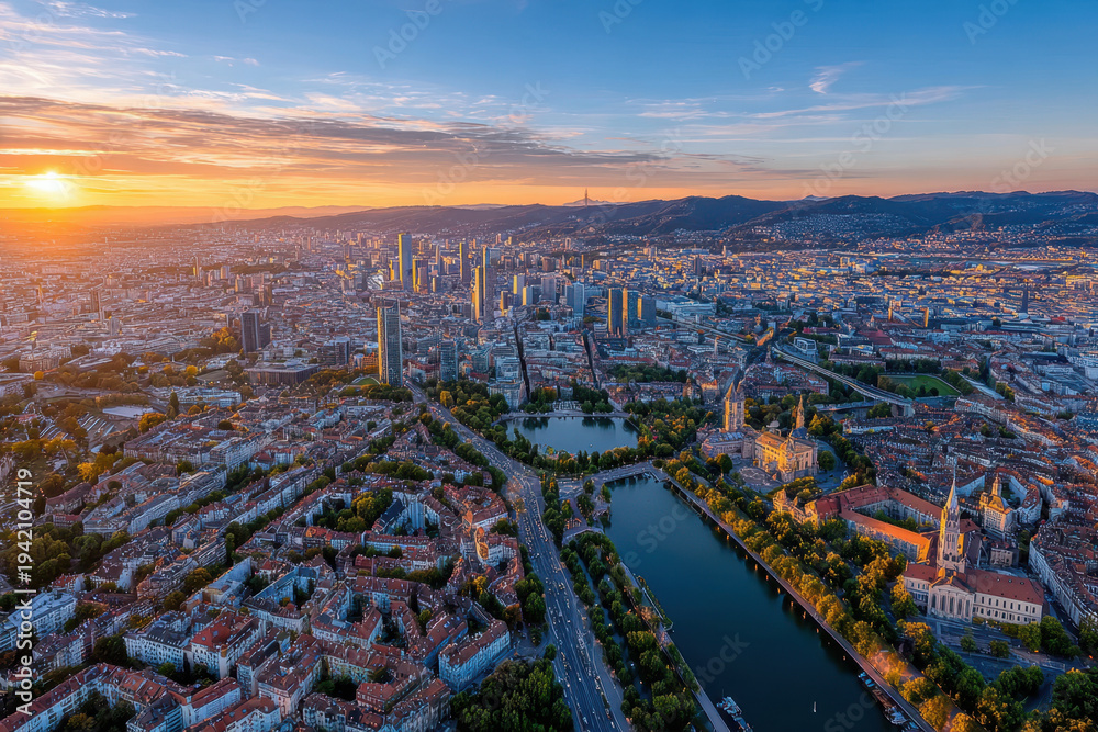 Fototapeta premium Sunset cityscape with river and distant mountains