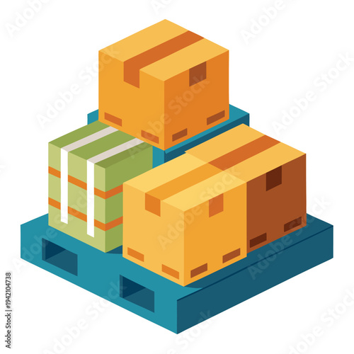 Assorted cardboard boxes stacked neatly on a wooden pallet ready for warehouse storage or logistical distribution