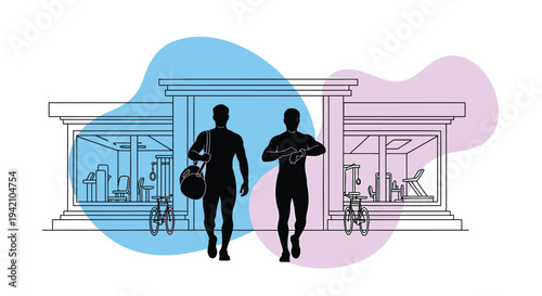 Vector illustration of people walking past storefronts with bicycles