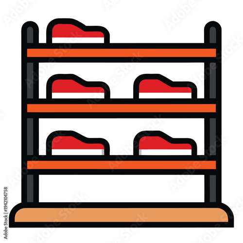 Multiple pairs of red shoes displayed neatly on wooden shelves in a modern retail store setting