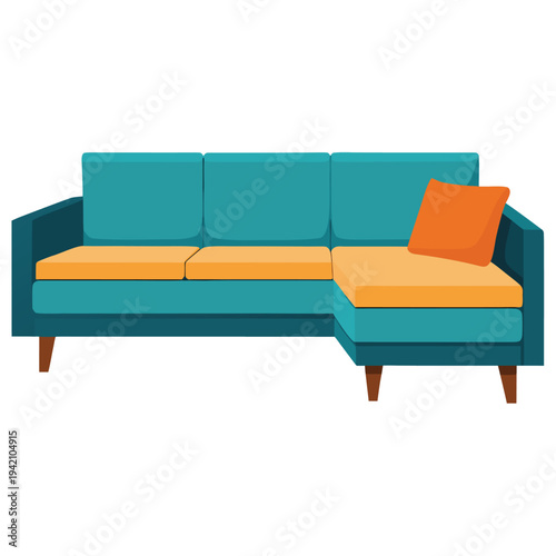Teal sectional sofa with orange cushions and a decorative pillow perfect for modern living room decor