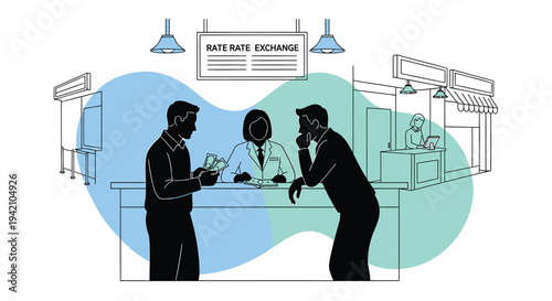 Vector illustration of people exchanging money at a desk