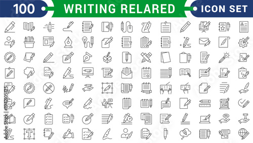 Writing related editable stroke line icons set.