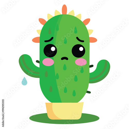 Cute cartoon cactus character with a sad expression and a tear in a yellow pot