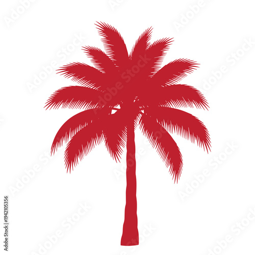 Red palm tree silhouette on white background with long leaves and trunk  tropical symbol