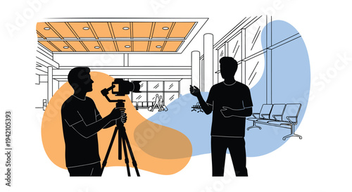 Vector illustration of two people filming and recording in a modern office