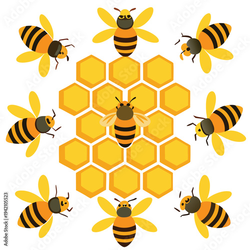 Structured Honeybee Group with Golden Hexagonal Hive Cells Forming a Circular Arrangement
