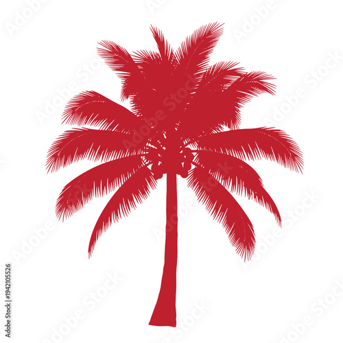 red palm tree silhouette with long leaves on white background