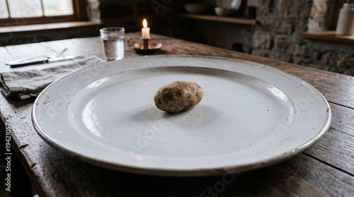 Single potato on an empty plate symbolizing scarcity