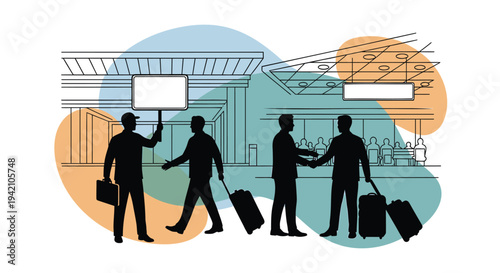 Vector illustration of travelers with luggage at airport